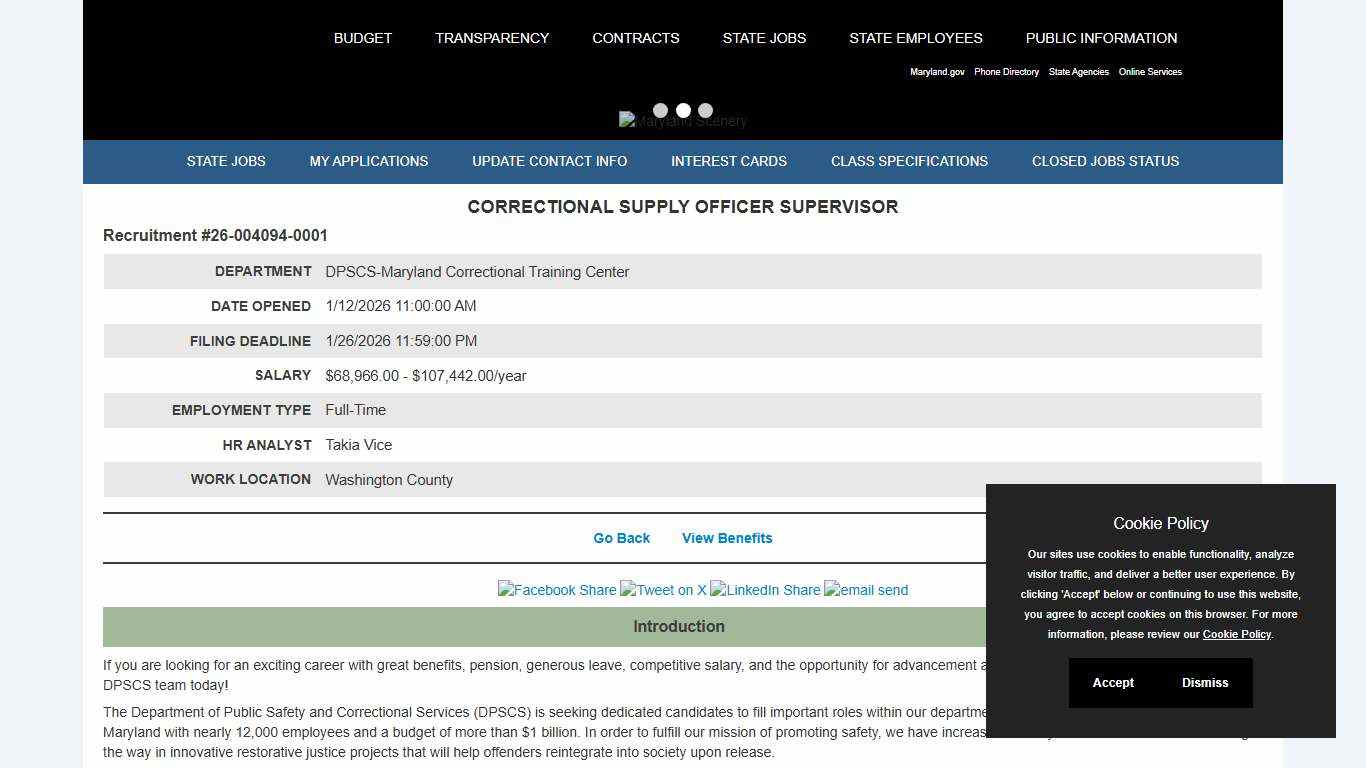 Job Announcement: CORRECTIONAL SUPPLY OFFICER SUPERVISOR - State of Maryland