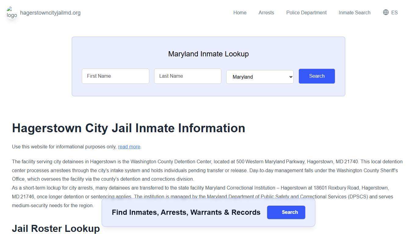 Hagerstown Jail, MD Inmate Roster, Municipal Jail Info